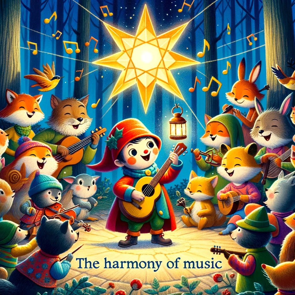 Twinkle Pete amidst a gathering of forest creatures, each playing a musical instrument or singing.