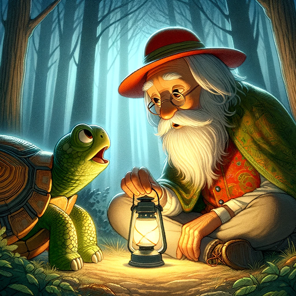 Twinkle Pete is listening attentively to the wise tortoise, Sage, as he imparts his knowledge.