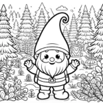 A coloring page with Twinkle Pete in a Nordic forest