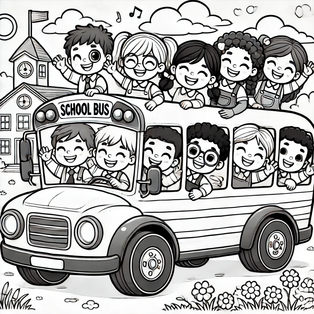 Coloring pages with school bus children, bear class and hide and seek