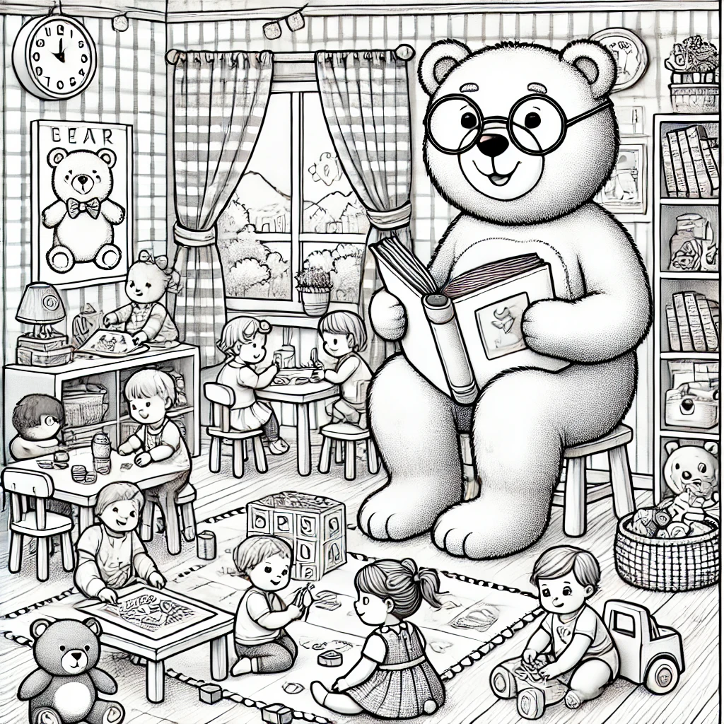 Coloring pages with school bus children, bear class and hide and seek